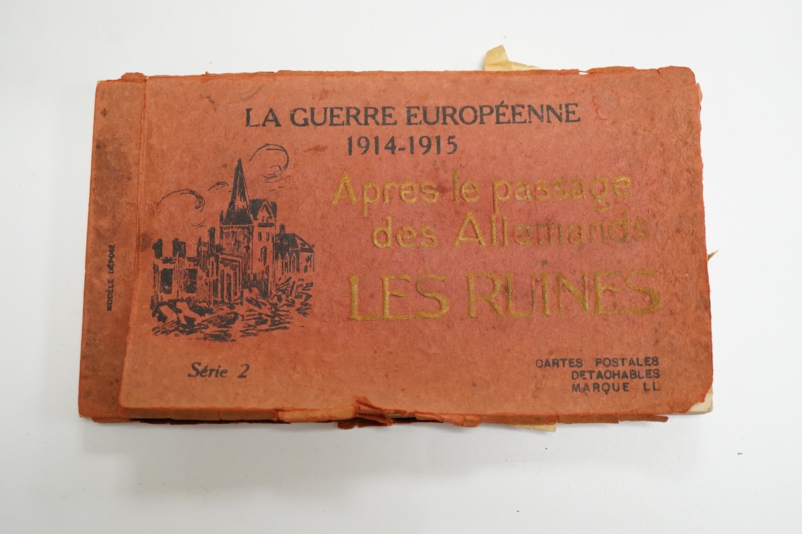 An album of Edwardian and later postcards and a small WWI La Guerre Europeenne booklet of postcards
